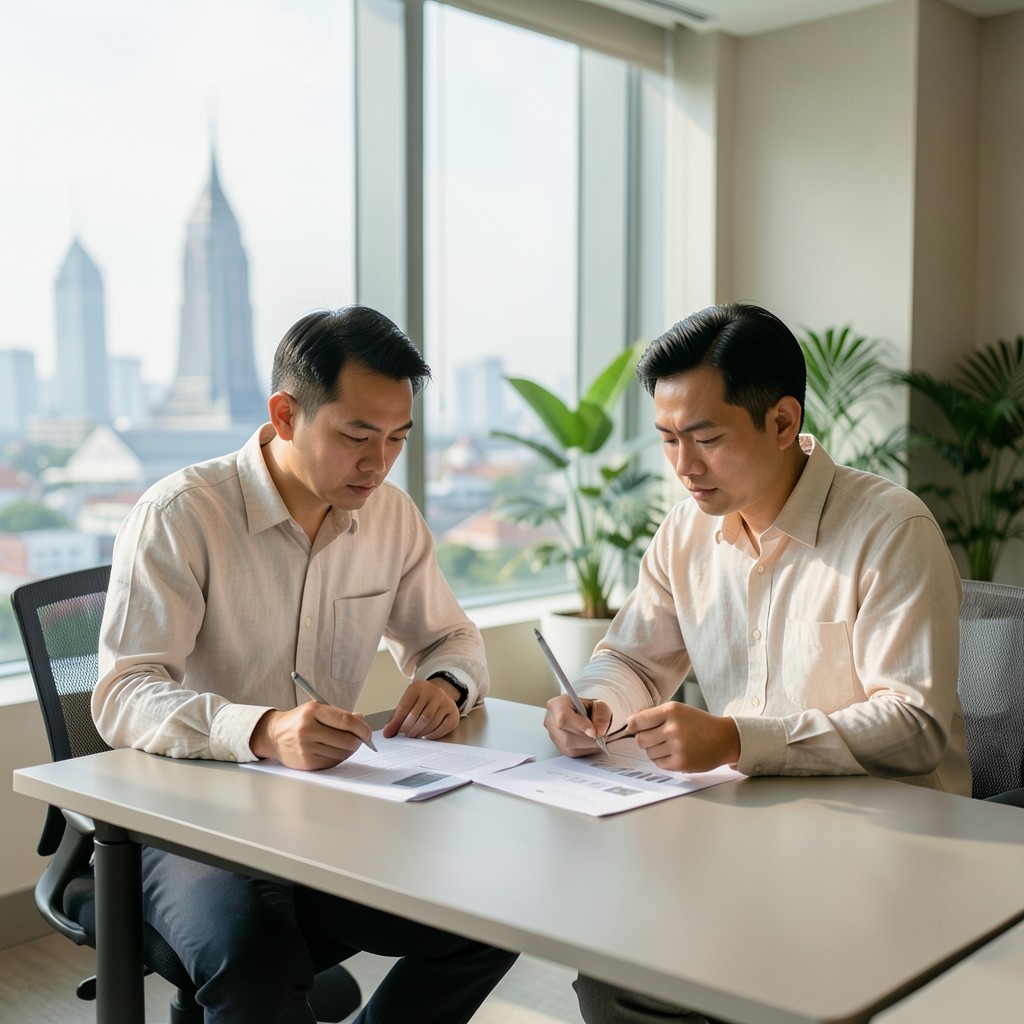 Two analysts reviewing insight printouts near a window overlooking Bangkok
