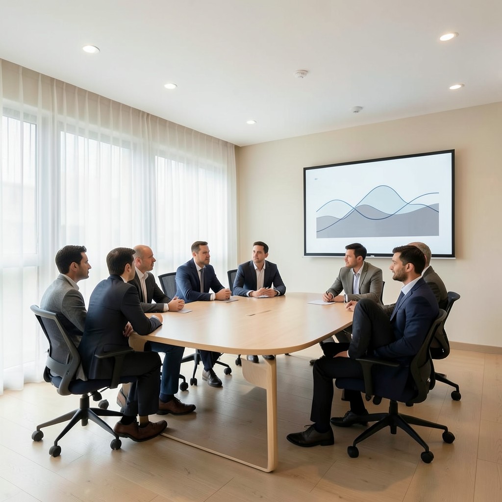 Leadership meeting with a short insight slide on a wall screen