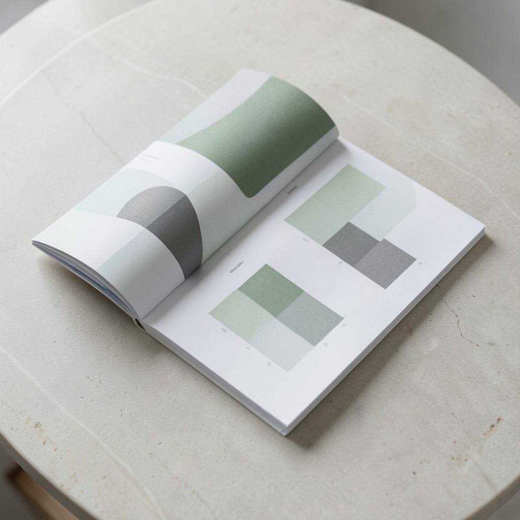 Open sample insight report booklet with charts on a light stone table