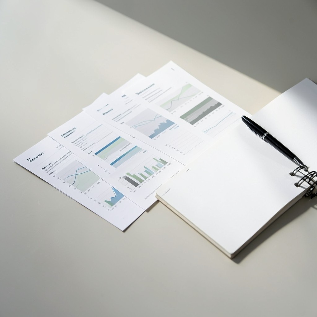 Printed campaign charts spread beside a notebook and pen