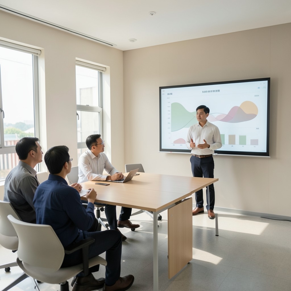 Presenter walking leadership through insight slides in a bright meeting room